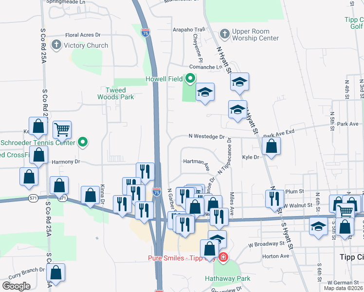 map of restaurants, bars, coffee shops, grocery stores, and more near 412 Miles Avenue in Tipp City
