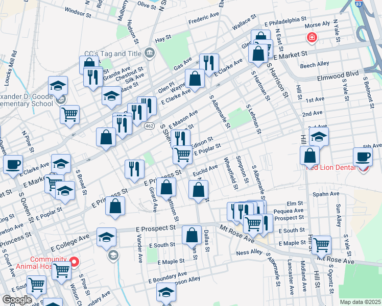 map of restaurants, bars, coffee shops, grocery stores, and more near 851 East Poplar Street in York