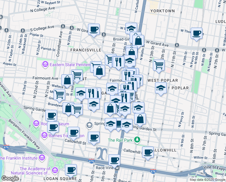 map of restaurants, bars, coffee shops, grocery stores, and more near 1516 North Street in Philadelphia