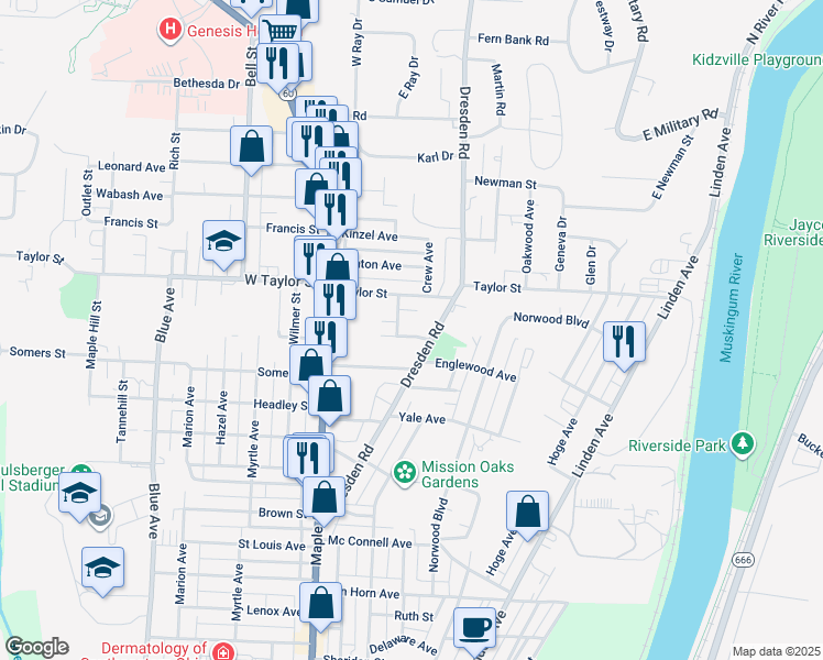 map of restaurants, bars, coffee shops, grocery stores, and more near 423 Westview Drive in Zanesville