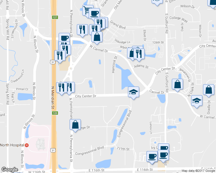 map of restaurants, bars, coffee shops, grocery stores, and more near 12202 Hancock Street in Carmel
