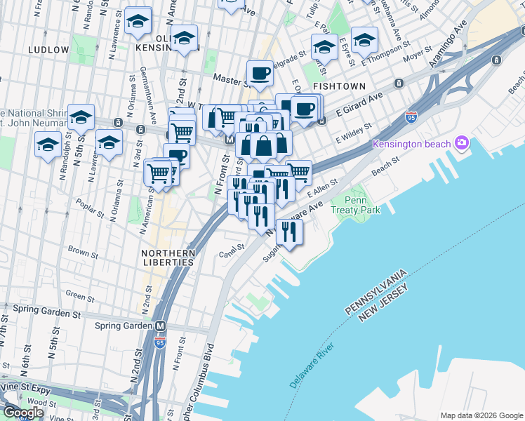 map of restaurants, bars, coffee shops, grocery stores, and more near 136 Melvale Street in Philadelphia