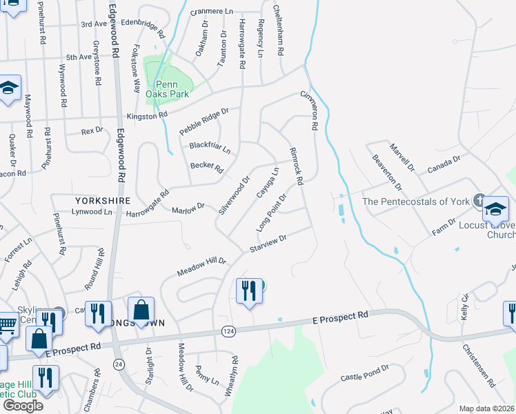 map of restaurants, bars, coffee shops, grocery stores, and more near 3747 Cayuga Lane in York