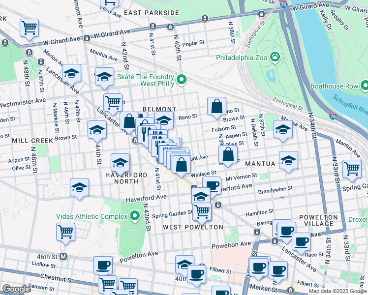 map of restaurants, bars, coffee shops, grocery stores, and more near 738 Wiota Street in Philadelphia