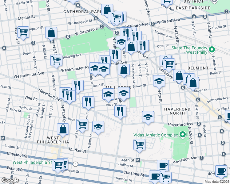 map of restaurants, bars, coffee shops, grocery stores, and more near 4800 Brown Street in Philadelphia
