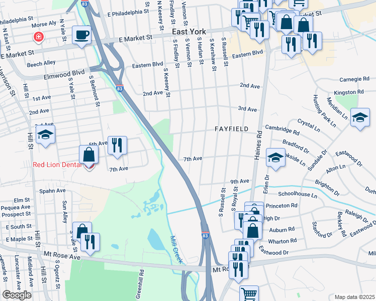 map of restaurants, bars, coffee shops, grocery stores, and more near 550 South Vernon Street in East York