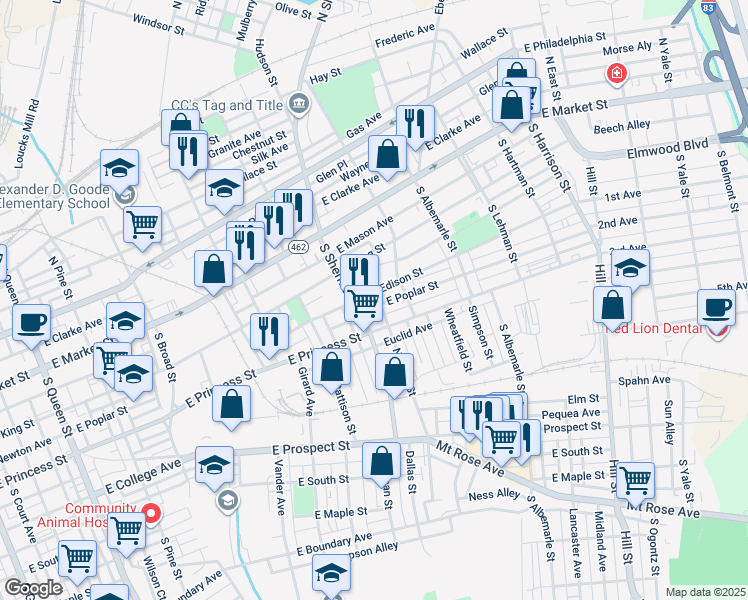 map of restaurants, bars, coffee shops, grocery stores, and more near 827 East Poplar Street in York