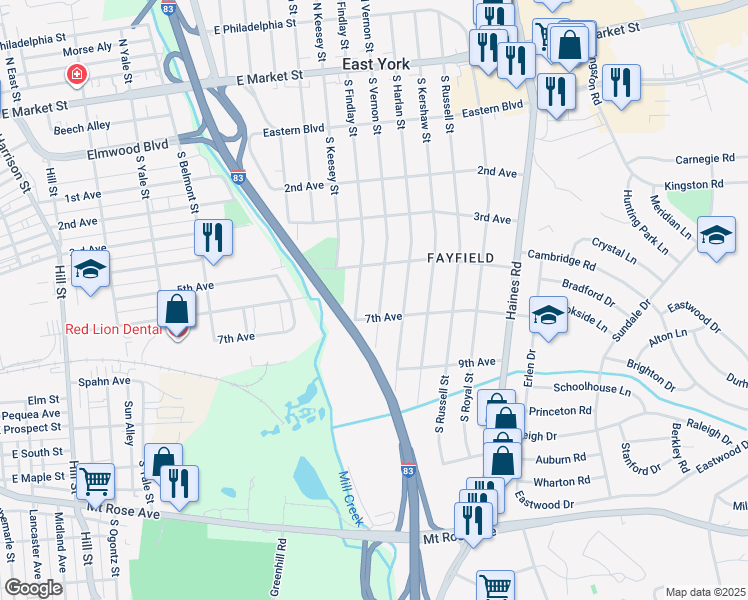 map of restaurants, bars, coffee shops, grocery stores, and more near 550 South Vernon Street in East York