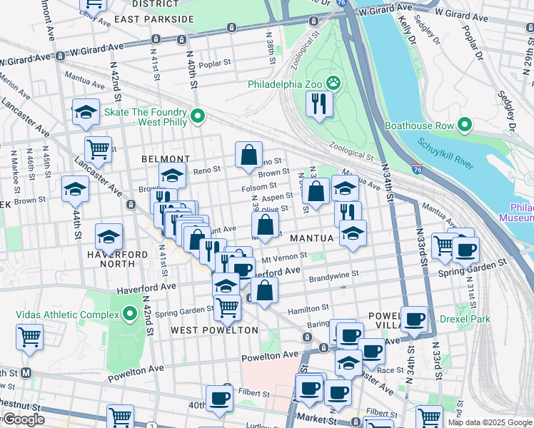 map of restaurants, bars, coffee shops, grocery stores, and more near 3860 Olive Street in Philadelphia