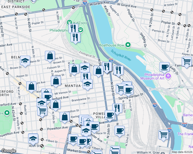 map of restaurants, bars, coffee shops, grocery stores, and more near 3500 Fairmount Avenue in Philadelphia