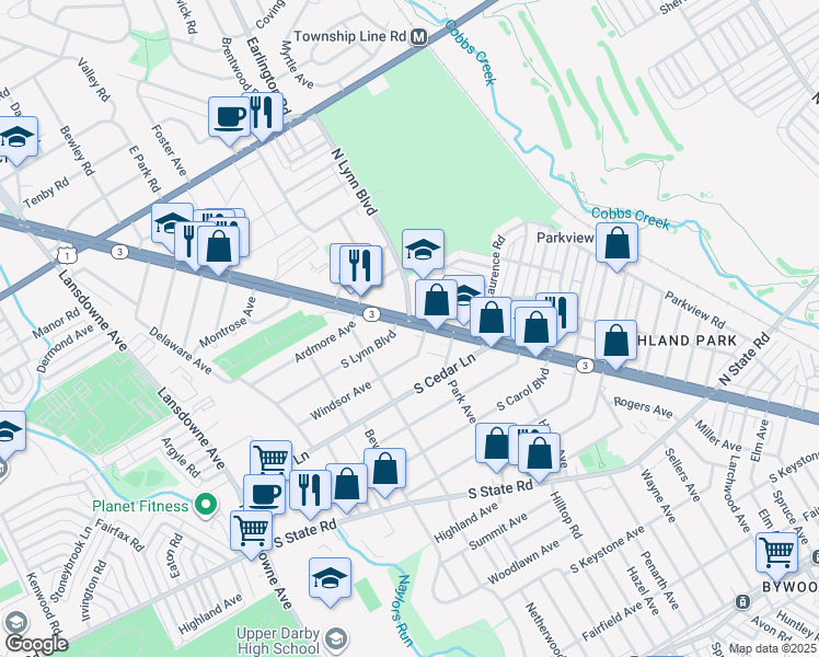 map of restaurants, bars, coffee shops, grocery stores, and more near 8314 West Chester Pike in Delaware County
