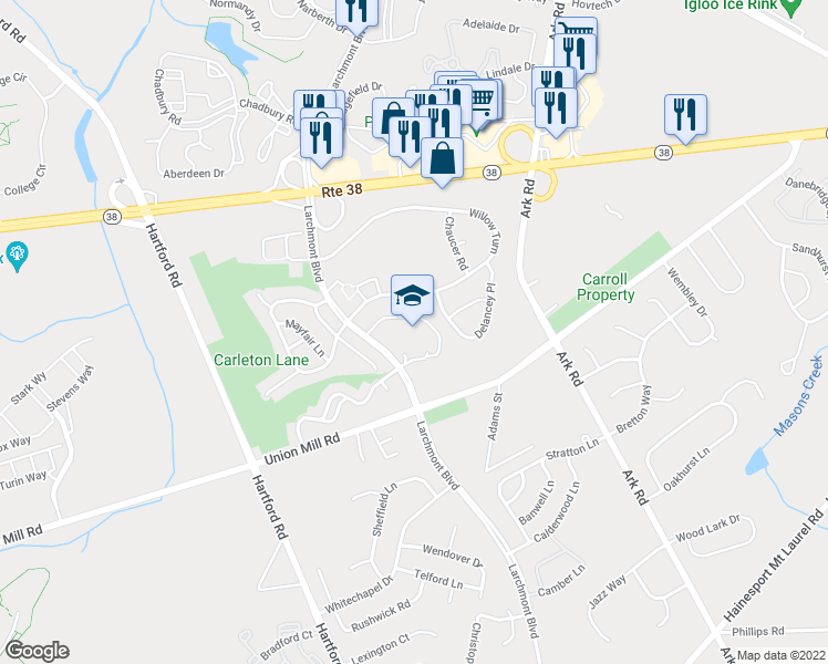 map of restaurants, bars, coffee shops, grocery stores, and more near 301 Larchmont Boulevard in Mount Laurel Township