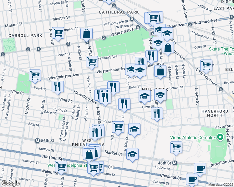 map of restaurants, bars, coffee shops, grocery stores, and more near 5057 Brown Street in Philadelphia