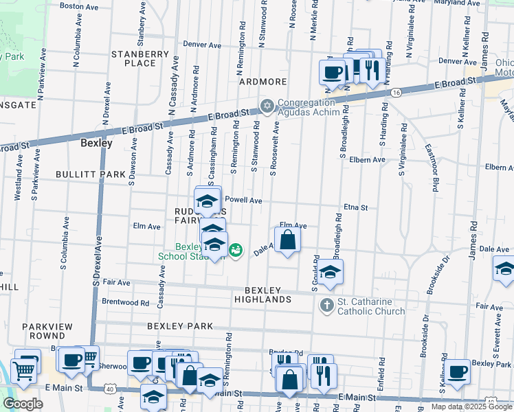 map of restaurants, bars, coffee shops, grocery stores, and more near 208 South Stanwood Road in Columbus