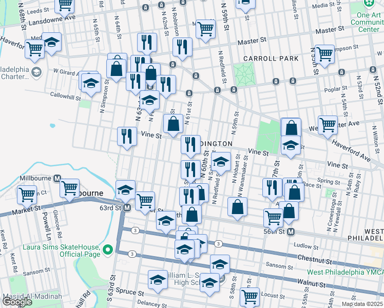 map of restaurants, bars, coffee shops, grocery stores, and more near 228 North Edgewood Street in Philadelphia