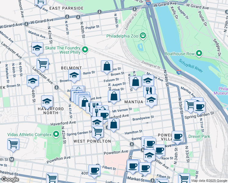 map of restaurants, bars, coffee shops, grocery stores, and more near 3864 Olive Street in Philadelphia