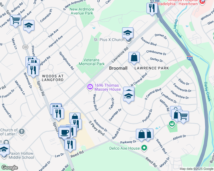 map of restaurants, bars, coffee shops, grocery stores, and more near 354 Westfield Drive in Broomall