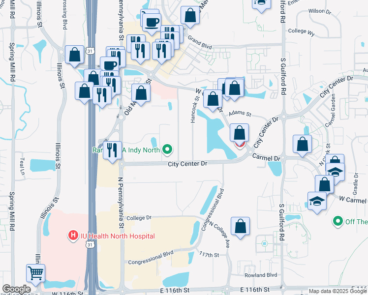 map of restaurants, bars, coffee shops, grocery stores, and more near 12202 Hancock St in Carmel