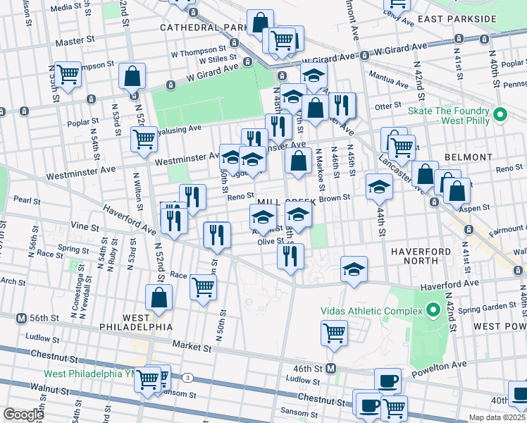 map of restaurants, bars, coffee shops, grocery stores, and more near 4826 Brown Street in Philadelphia