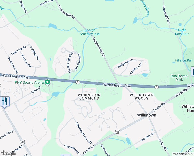 map of restaurants, bars, coffee shops, grocery stores, and more near 1713 West Chester Pike in West Chester