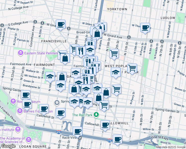 map of restaurants, bars, coffee shops, grocery stores, and more near 1386 Ridge Avenue in Philadelphia