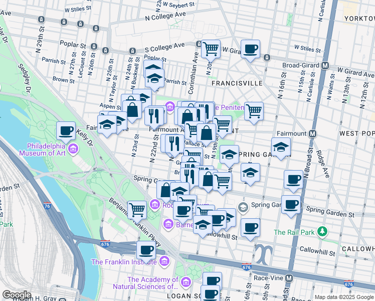 map of restaurants, bars, coffee shops, grocery stores, and more near 2015 Mount Vernon Street in Philadelphia