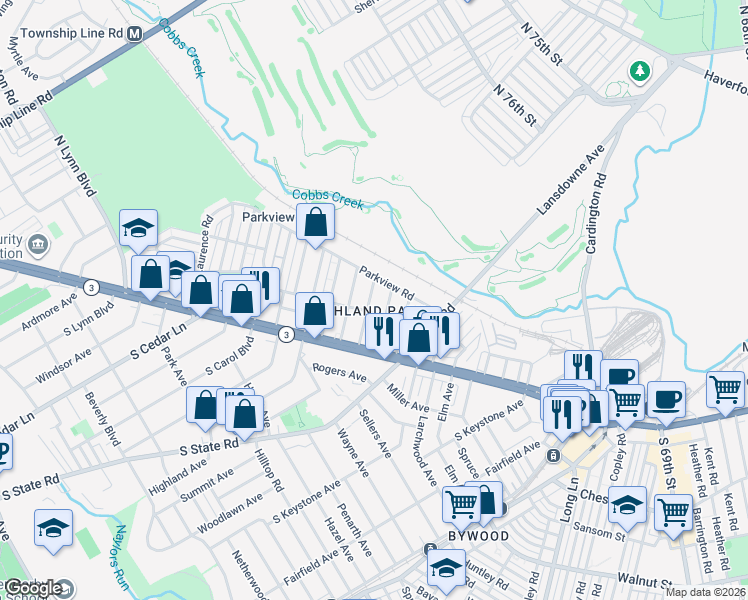 map of restaurants, bars, coffee shops, grocery stores, and more near 107 Kenmore Road in Delaware County
