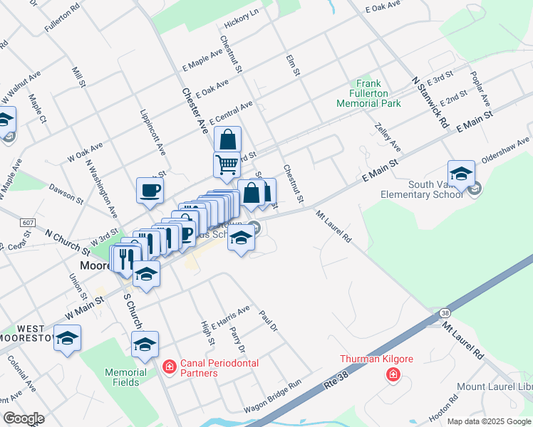 map of restaurants, bars, coffee shops, grocery stores, and more near in Moorestown