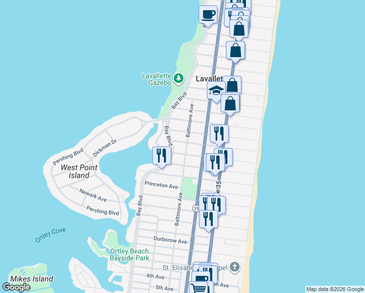 map of restaurants, bars, coffee shops, grocery stores, and more near 1702 Baltimore Avenue in Lavallette