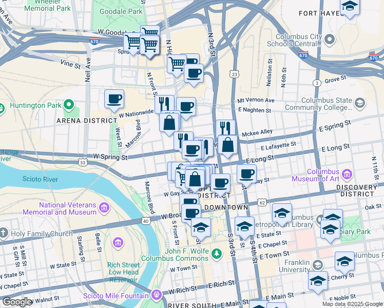 map of restaurants, bars, coffee shops, grocery stores, and more near 170 North High Street in Columbus