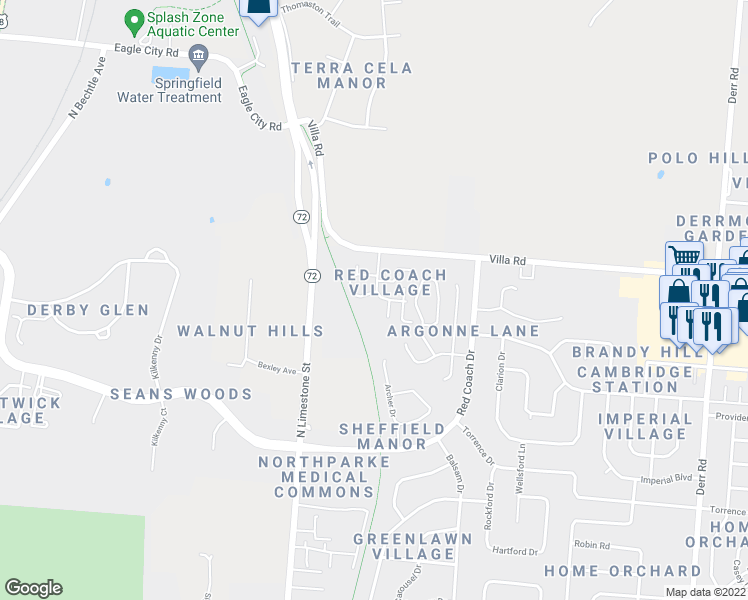 map of restaurants, bars, coffee shops, grocery stores, and more near 199 The Post Road in Springfield