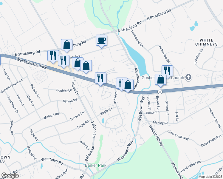 map of restaurants, bars, coffee shops, grocery stores, and more near 1324 West Chester Pike in West Chester