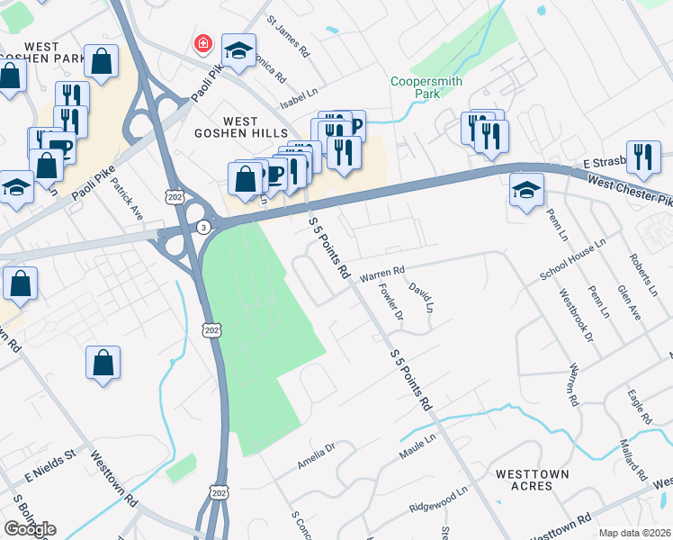 map of restaurants, bars, coffee shops, grocery stores, and more near 110 South 5 Points Road in West Chester