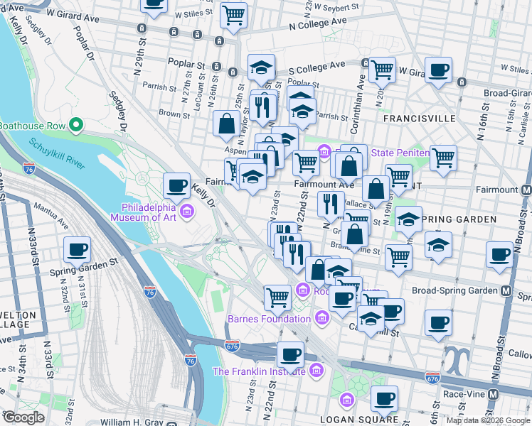 map of restaurants, bars, coffee shops, grocery stores, and more near 2231 Green Street in Philadelphia
