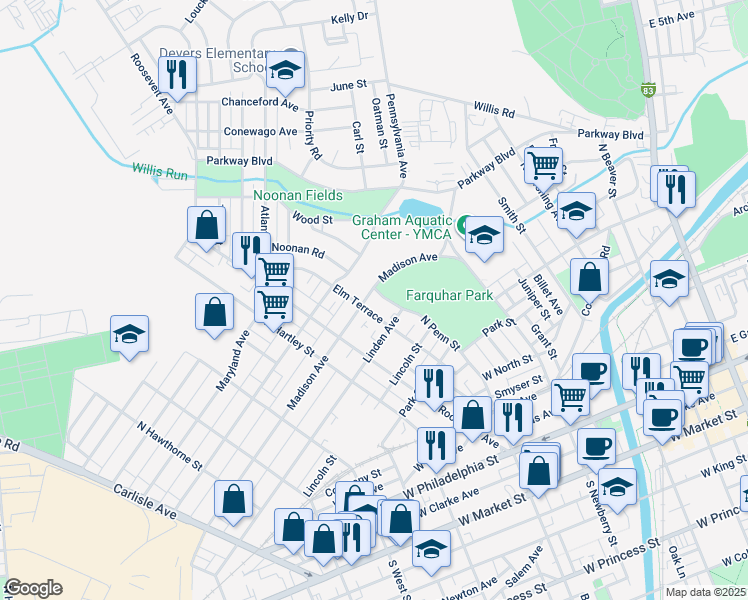 map of restaurants, bars, coffee shops, grocery stores, and more near 414 Madison Avenue in York