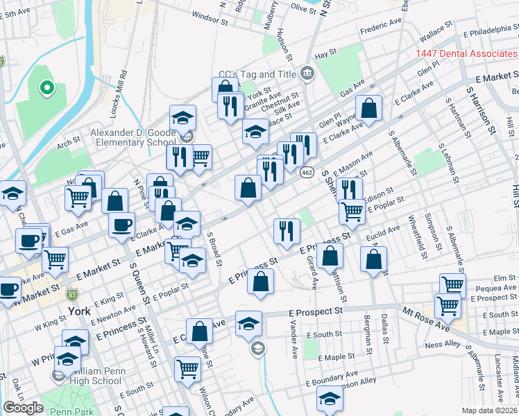 map of restaurants, bars, coffee shops, grocery stores, and more near 526 East Market Street in York