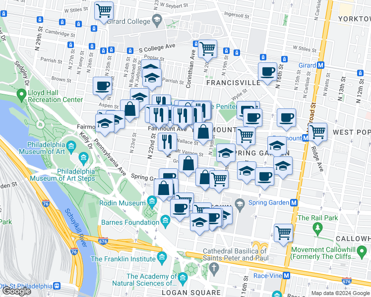 map of restaurants, bars, coffee shops, grocery stores, and more near 2011 Mount Vernon Street in Philadelphia