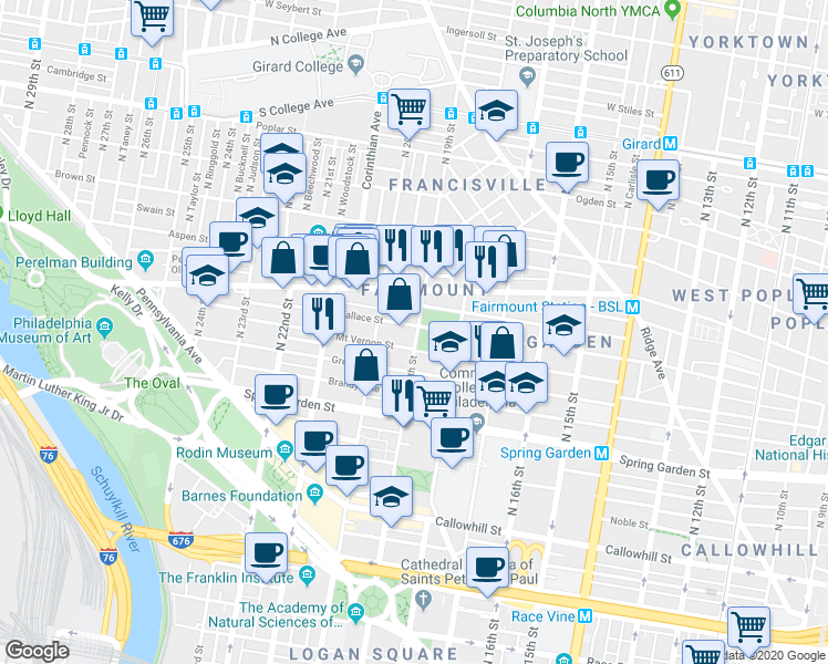 map of restaurants, bars, coffee shops, grocery stores, and more near 1900 Wallace Street in Philadelphia