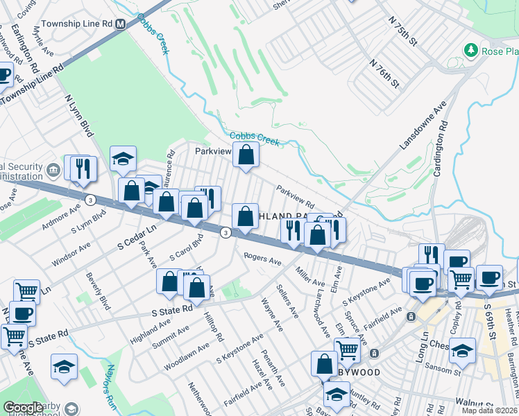 map of restaurants, bars, coffee shops, grocery stores, and more near 103 Oakley Road in Delaware County