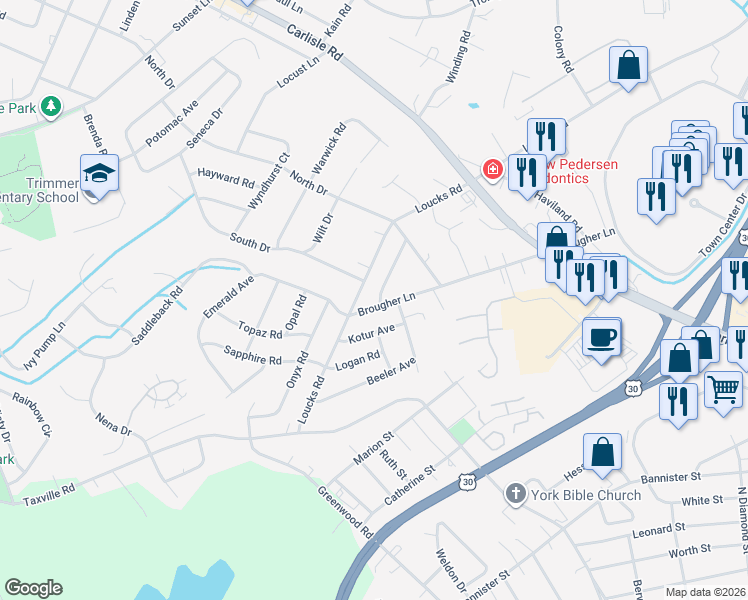 map of restaurants, bars, coffee shops, grocery stores, and more near 2371 Breezewood Road in York