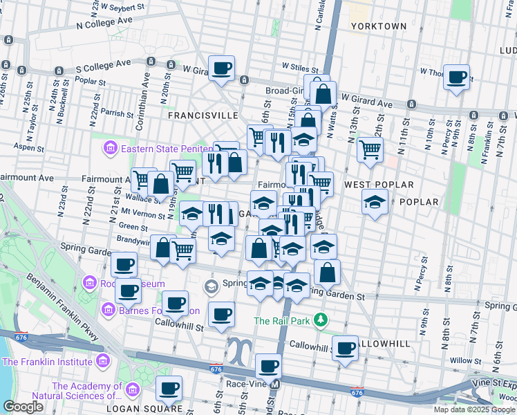 map of restaurants, bars, coffee shops, grocery stores, and more near 1528 North Street in Philadelphia