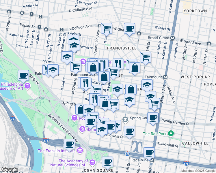 map of restaurants, bars, coffee shops, grocery stores, and more near 1900 Wallace Street in Philadelphia