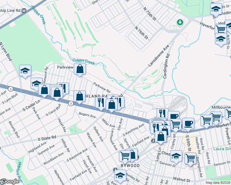 map of restaurants, bars, coffee shops, grocery stores, and more near 7509 Parkview Road in Delaware County