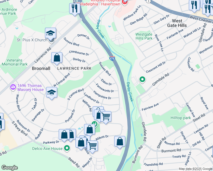 map of restaurants, bars, coffee shops, grocery stores, and more near 412 Eldon Drive in Broomall