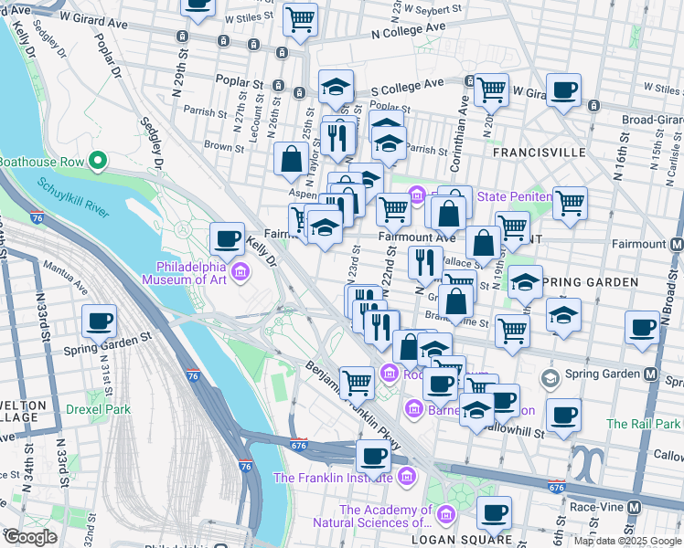 map of restaurants, bars, coffee shops, grocery stores, and more near 2229 Green Street in Philadelphia