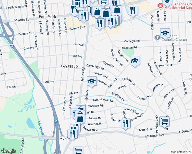 map of restaurants, bars, coffee shops, grocery stores, and more near 2433 Brookside Lane in York