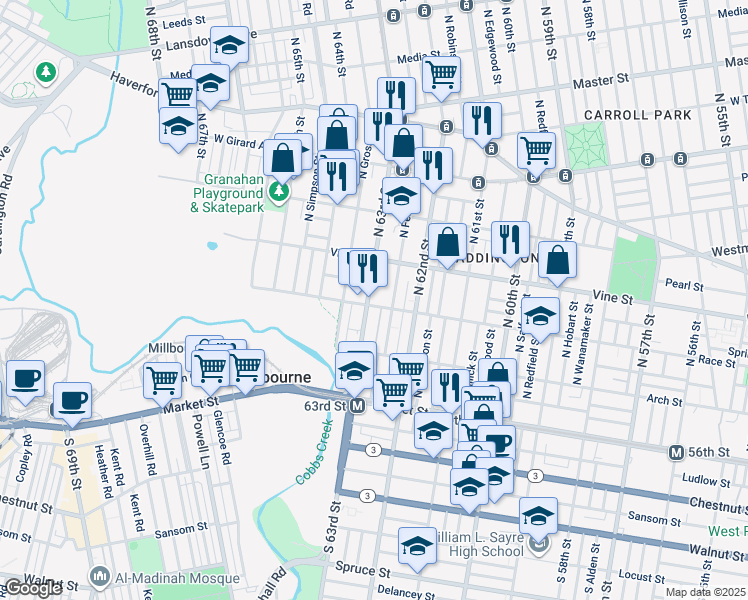 map of restaurants, bars, coffee shops, grocery stores, and more near 207 North 63rd Street in Philadelphia