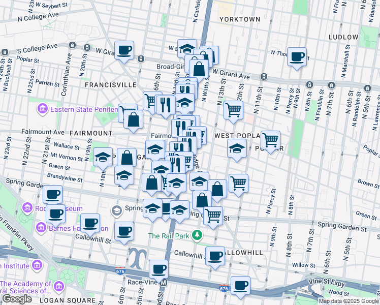 map of restaurants, bars, coffee shops, grocery stores, and more near 1386 Ridge Avenue in Philadelphia