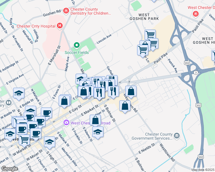 map of restaurants, bars, coffee shops, grocery stores, and more near 711 East Gay Street in West Chester