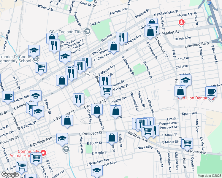 map of restaurants, bars, coffee shops, grocery stores, and more near 851 East Poplar Street in York